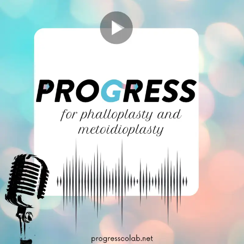 Image of pink and blue clouds with the image of a waveform, microphone, and text saying "PROGRESS - for phalloplasty and metoidioplasty".